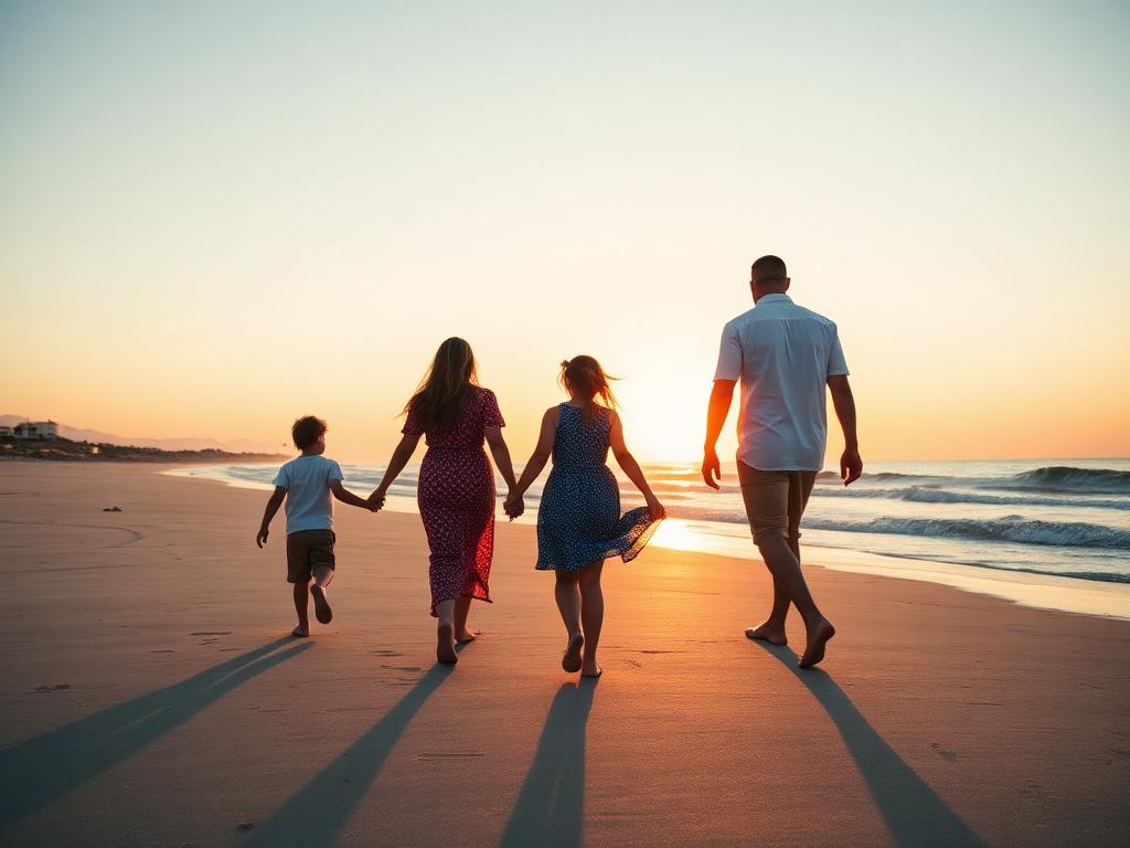 Familie am griechischen Strand bei Sonnenuntergang