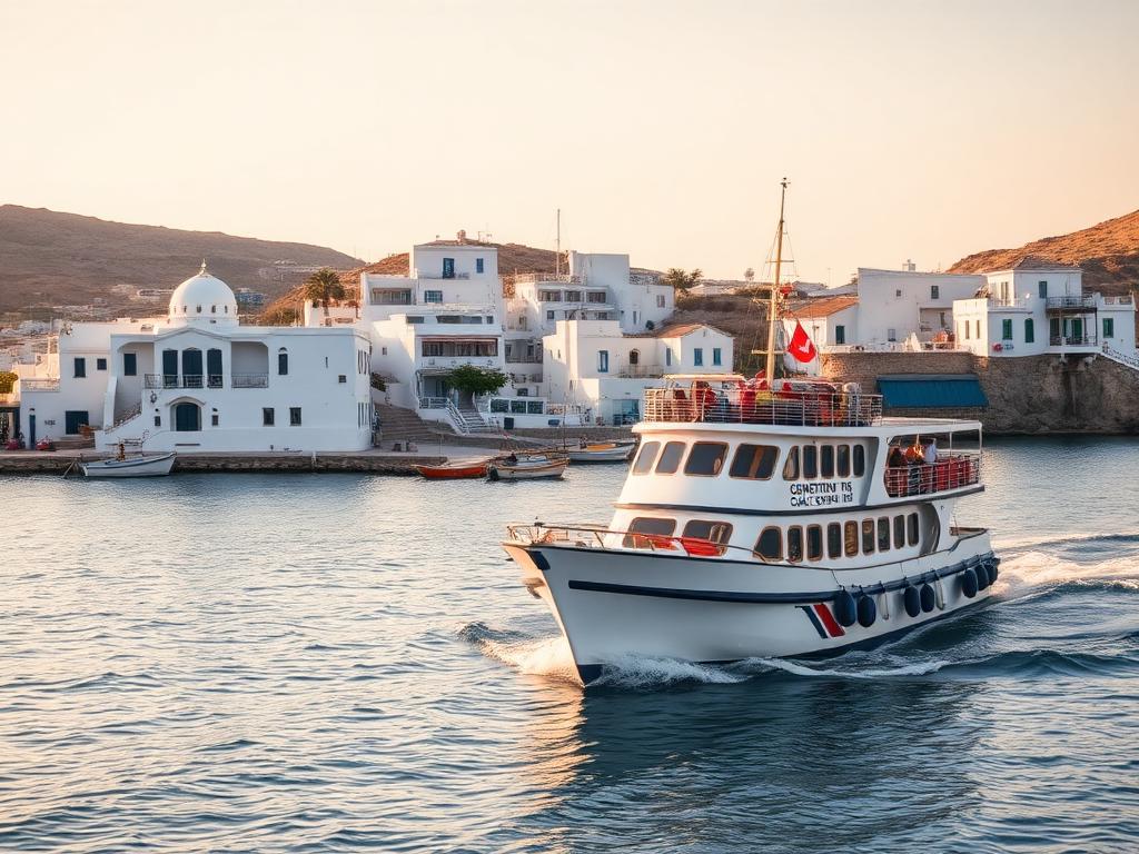 Griechische Fähre läuft in einen kleinen Hafen ein