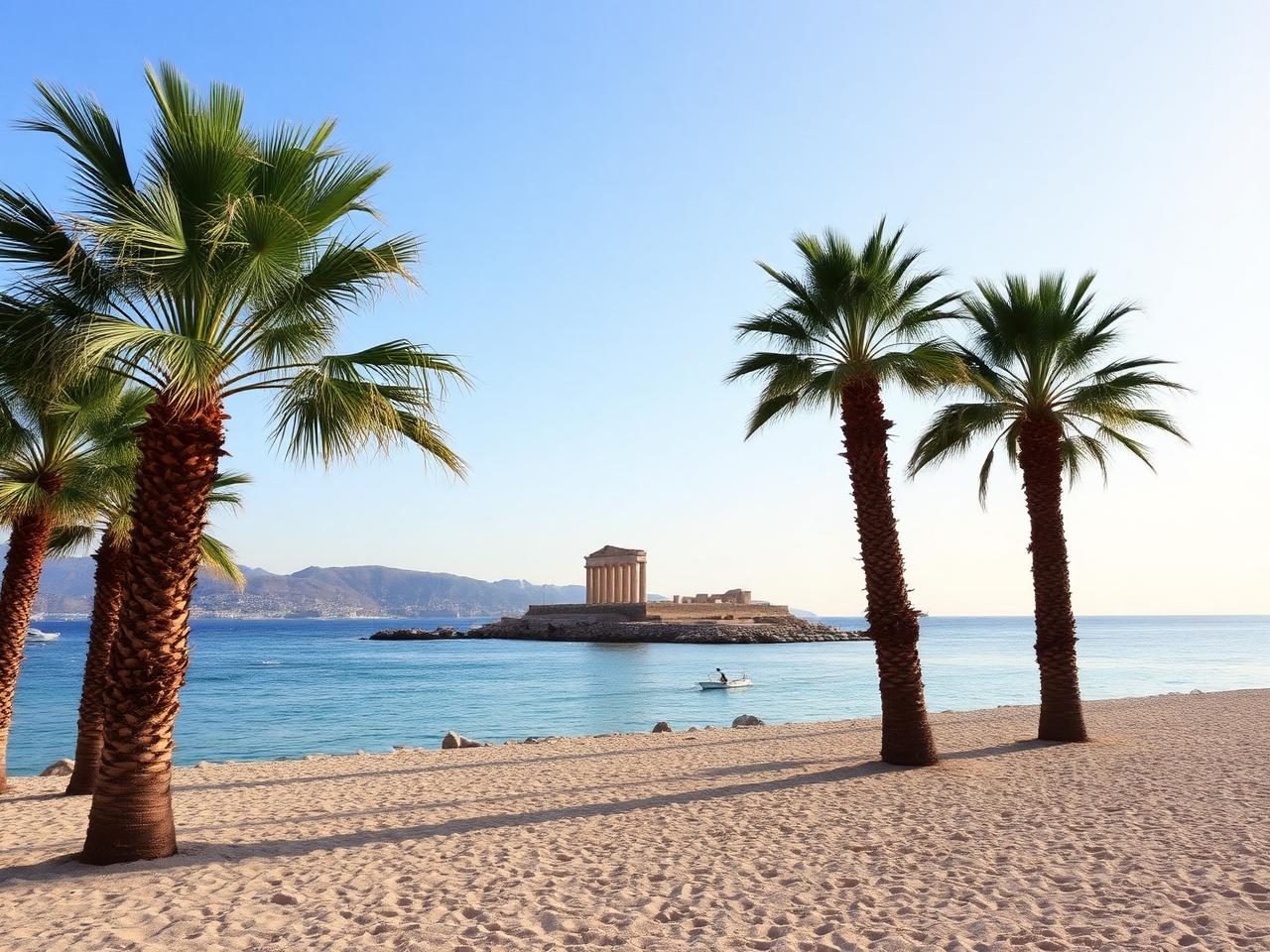 Palmen und antike Ruinen am Strand von Kos