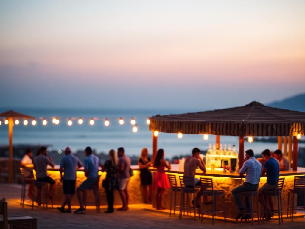 Beleuchtete Beachbar in der Dämmerung