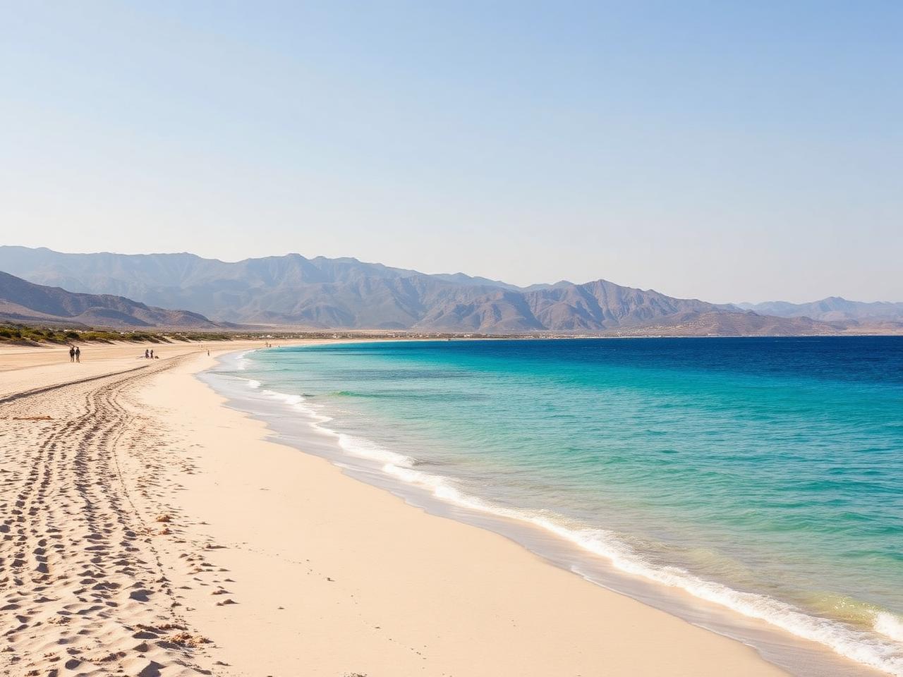 Langer Sandstrand auf Naxos mit türkisem Meer und Bergen