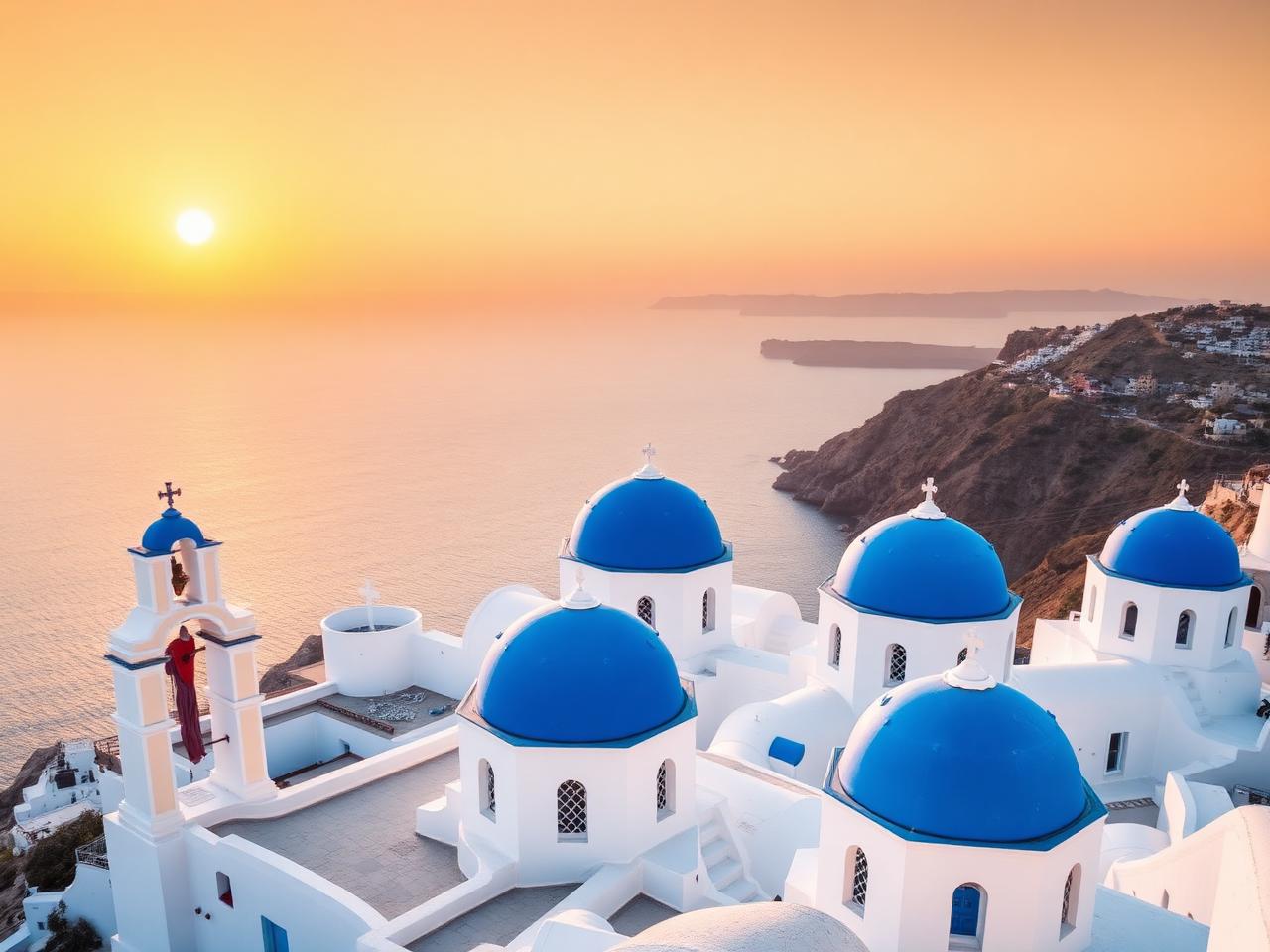 Blaue Kirchenkuppeln und weiße Häuser auf Santorini bei Sonnenuntergang